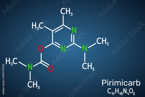 Pirimicarb molecule. Carbamate insecticide used in agriculture to control aphids. Dark blue background