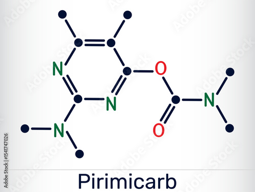 Pirimicarb molecule. Carbamate insecticide used in agriculture to control aphids. Vector illustration