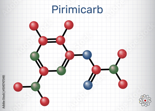 Pirimicarb molecule. Carbamate insecticide used in agriculture to control aphids. Sheet of paper in a cage