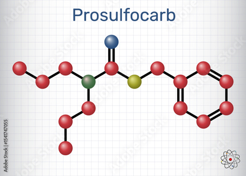 Prosulfocarb molecule. Thiocarbamate herbicide used in agriculture to control annual grasses. Sheet of paper in a cage