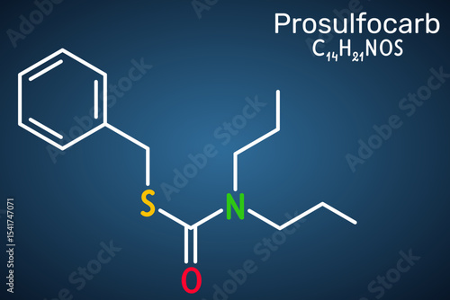 Prosulfocarb molecule. Thiocarbamate herbicide used in agriculture to control annual grasses. Dark blue background