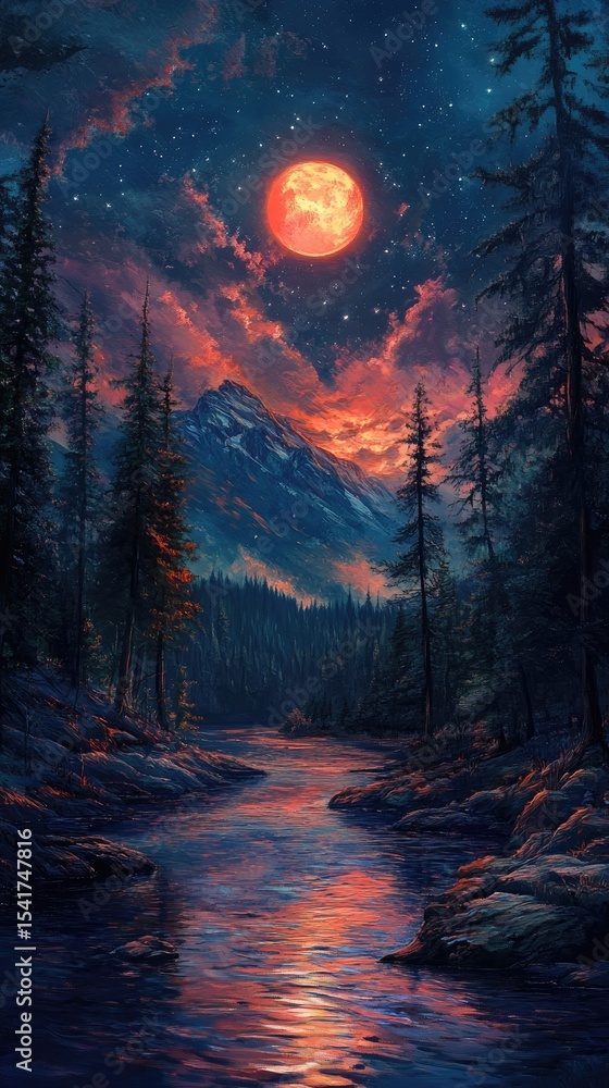 Fototapeta premium A serene river winding through a dark forest under a blood-red moon.