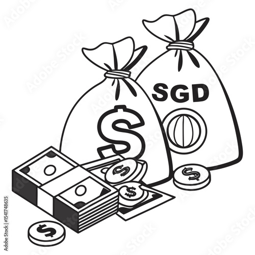 Singapore Dollar Riches A Treasure Trove of Currency Bags Coins and Banknotes Representing the Wealth and Financial Power of Singapore
