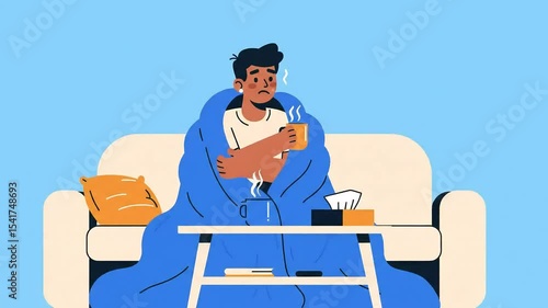 sick man at home suffering from cold, fever, cough, sneeze, suffering from seasonal flu, infection, viral disease. Sick man with blanket and drinking warm water. Cartoon flat vector illustration