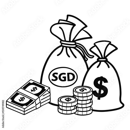 Visual Depiction of Financial Wealth Bags of Singapore Dollars and American Currency alongside Stacks of Coins and Paper Money