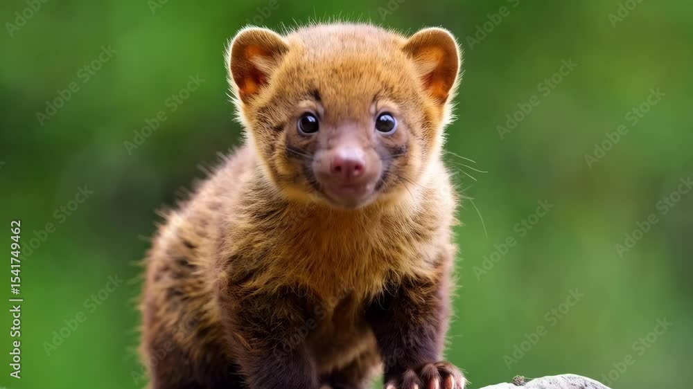 Adorable bush dog puppy sitting on a rock, looking directly at the camera with innocent eyes on a blurred green foliage background. Adorable bush dog puppy sitting on a rock, looking directly at the camera with innocent eyes on a blurred green foliage background.