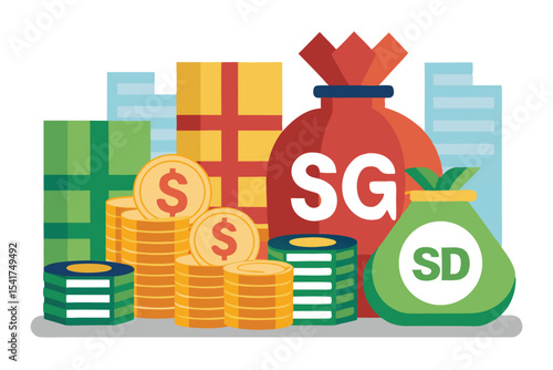 Financial Prosperity Illustration Featuring Stacks of Money Bags of Savings and Investments for Future Economic Success