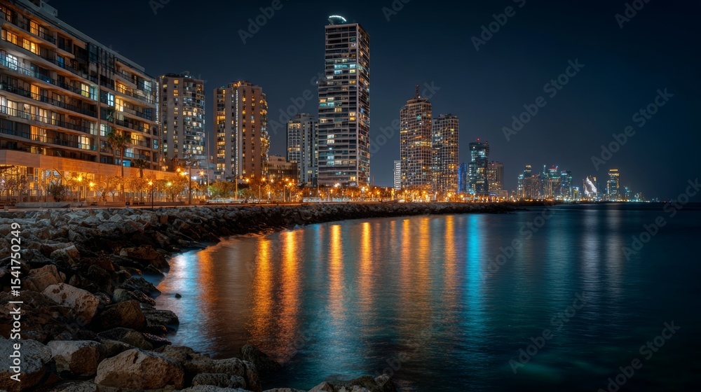 Obraz premium Tel Aviv Night Skyline with Vibrant City Lights and Coastal Highway