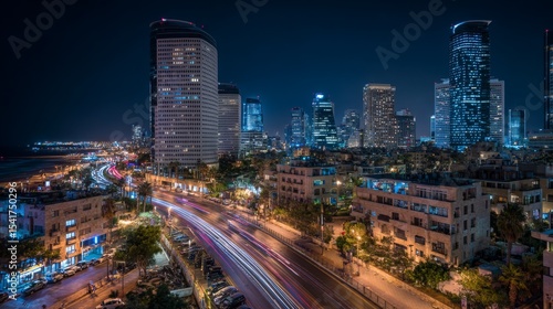 Tel Aviv Night Skyline with Vibrant City Lights and Coastal Highway