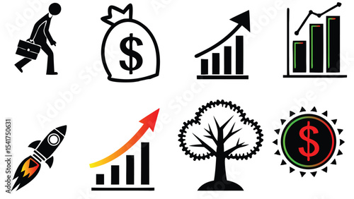 Business Growth and Eco Finance Icon Set, set of vector icons of trees