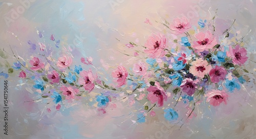 Abstract floral painting with pink and blue flowers on canvas