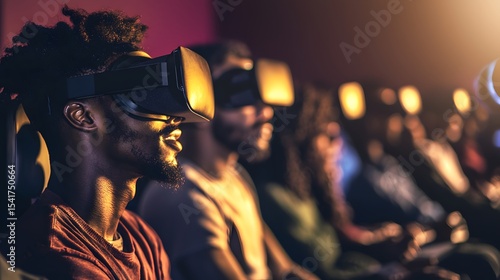 Enthusiastic Audience Immersed in Virtual Reality Experience in Cinema