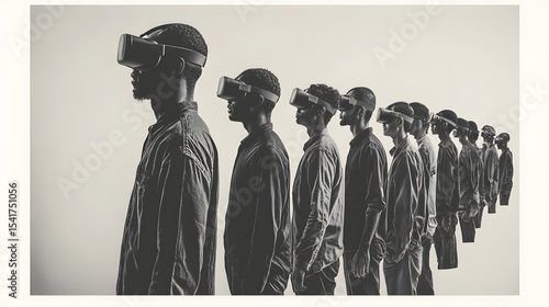 Diverse Individuals Using Virtual Reality Headsets in a Line Formation