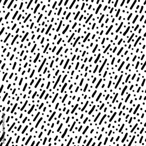Seamless horizontal pattern of hand-drawn black ink dashes and dots on white background. Scribble texture with sketchy hatch and pen stroke effect. Drag to swatches panel to use