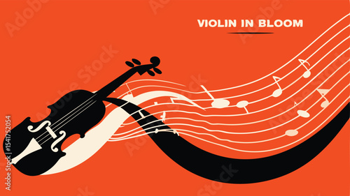 Stylized violin with musical notes and flowing lines on an orange colored background art design