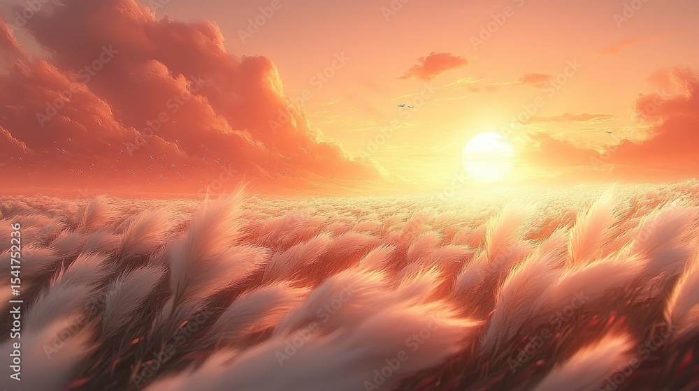 Golden Sunset Over Field Illustration Painting Style Warm Light Golden Sunset Over Field Illustration Painting Style Warm Light
