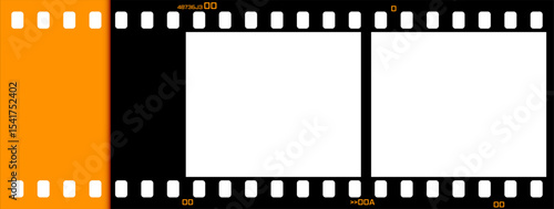 Retro film strip frame with black and orange colors, including sprocket holes and empty photo spaces. Vintage photo template for photography designs. Vector EPS 10
