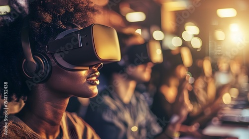 Woman Engaged in Virtual Reality Experience with Headset and Controller