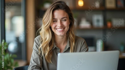 Smiling Woman Working Remotely on Laptop
