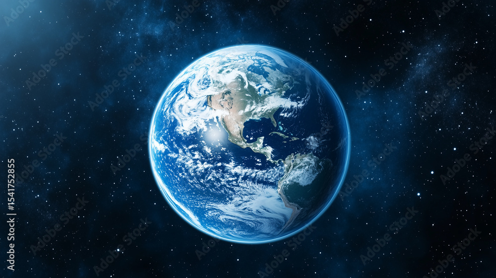 Fototapeta premium Planet Earth with detailed relief and atmosphere. Blue space background with earth and galaxy.