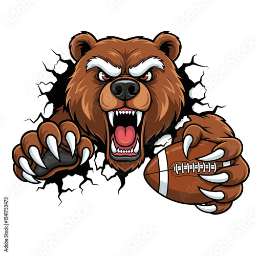Cartoon bear bursting through wall holding football, growling in aggressive football team mascot style.