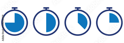 Set of timer clock faces and stopwatch icons. The countdown timer displays hours and minutes. Stopwatch shows intervals ranging from 15 to 45 minutes. Timer icon with minutes. Stopwatch, timer  icon. 