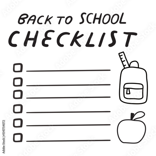 Back to school checklist. Hand drawn design. Illustration on white background.