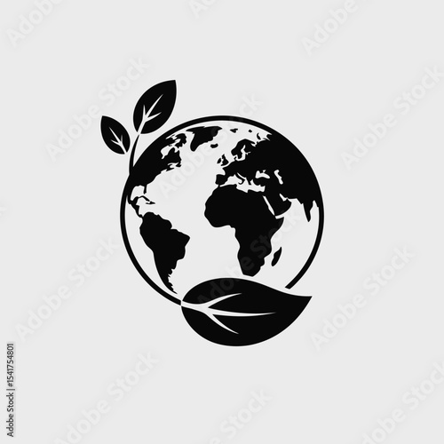 Black Globe Icon with Encircling Leaves Eco Symbol