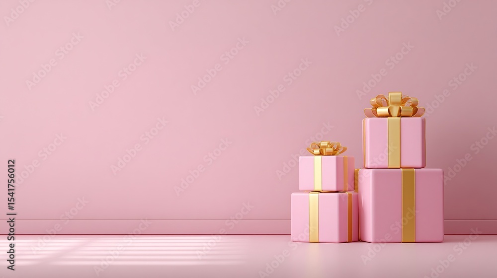 Fototapeta premium Pink Gift Boxes with Gold Ribbons on Pink Wall Background