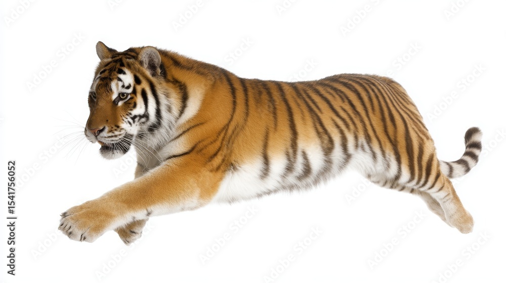 Fototapeta premium A stunning tiger leaps gracefully across a white background. This wildlife image captures the power and elegance of the animal. Perfect for nature lovers and wildlife enthusiasts. AI