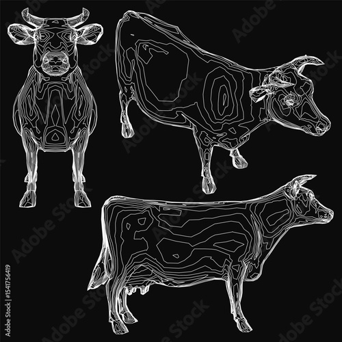 Three black and white cows sketched in intricate detail, each with unique shapes and textures. The stark black background contrasts sharply with the white outlines, emphasizing their distinct forms.