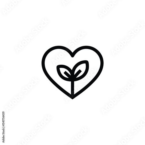 Black Line Art Heart Icon with Small Plant Sprout Inside