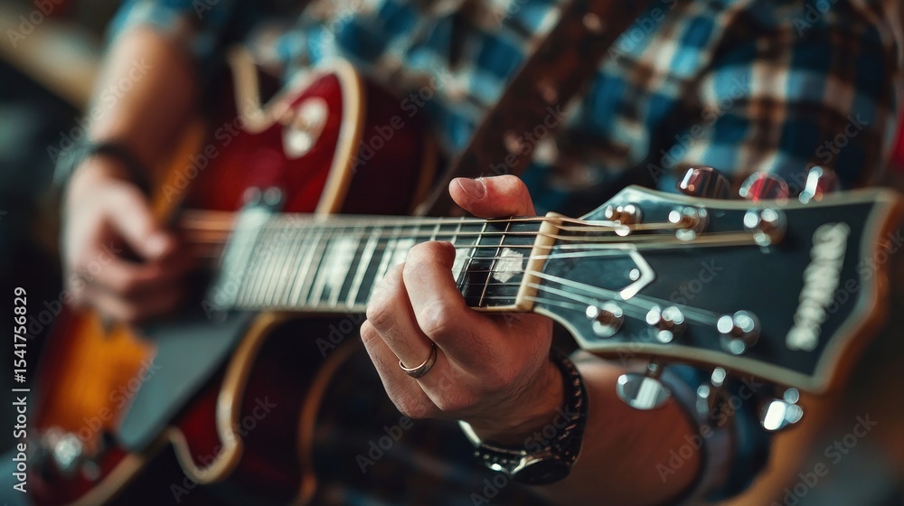 Fototapeta premium A music enthusiast testing a guitar in a local guitar shop