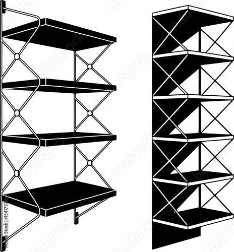 Bold black silhouette of geometric wall-mounted shelving with diagonal supports, perfect for retro designs, home decor, and modular interiors