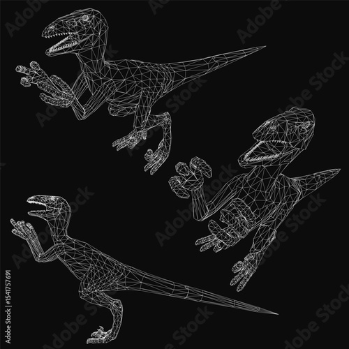 Three velociraptor dinosaurs rendered as detailed 3D wireframe models stand together on a sleek black background. The realistic skeletal structure highlights their sharp claws and dynamic poses