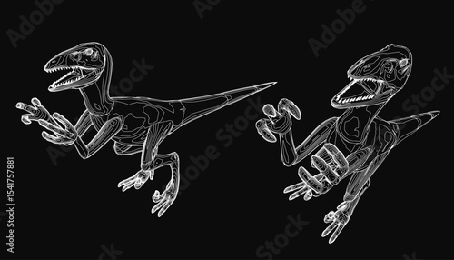 Two velociraptor dinosaurs sketched in black and white with intricate details like sharp teeth and long legs. The dynamic pose and sketch-like style stand out against a solid black background,.