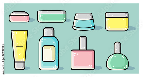 Set of different vector cute bottle of perfume, body cream, lotion isolated. Beauty product illustration for makeup or skincare 