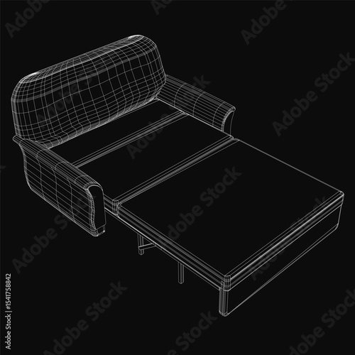 3D model of a folding sofa bed with pull-out feature, rendered realistically for a lifelike appearance. The sturdy frame supports a comfortable cushion and armrests, ideal for compact living spaces.