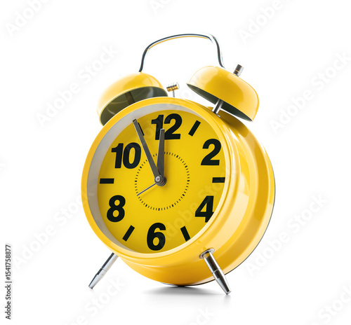 Bright yellow retro alarm clock with twin bells on transparent background. Classic style showing 12:00. Great for time-related designs and wake-up concepts in PNG format.