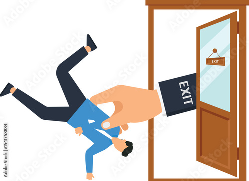 Forced Out,  being forcefully ejected from an office door, ideal for illustrating concepts like job loss, termination, forced resignation, workplace conflict, or corporate power dynamics,
