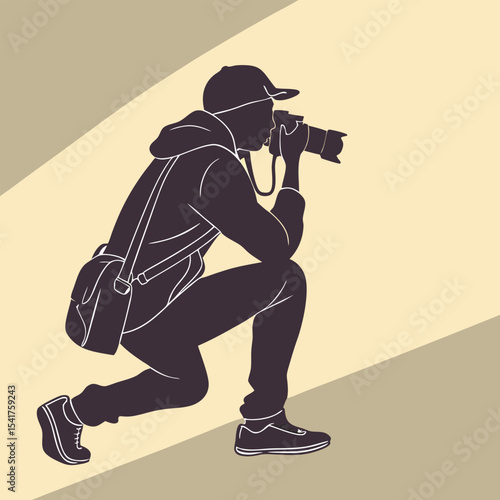 Silhouette of a photographer crouching with a camera, capturing a shot. Ideal for concepts related to photography, creativity, professionals at work, and candid moments.