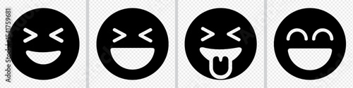 Happy faces and facial emotion icons. Funny cartoon black emoji vector illustration.