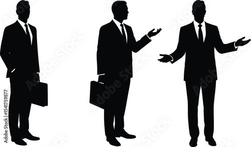 Businessman silhouette standing with briefcase, explaining, formal posture, vector illustration, corporate figure, talking pose, presentation concept, black outline