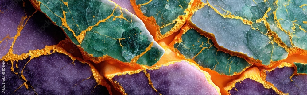 Cracked semiprecious marble with layered green and violet slabs and bright orange mineral veins Cracked semiprecious marble with layered green and violet slabs and bright orange mineral veins