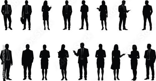 Business people silhouette, professional pose, men and women, corporate team, standing and talking, black vector design, office posture art