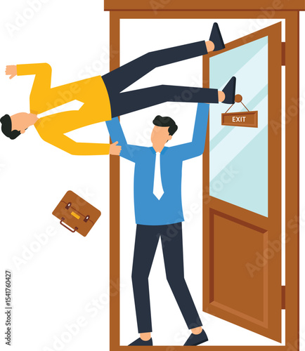 Businessman Being Carried Out of Office Door, businessman carried, office door colleague, job loss, layoff, being fired, workplace issues, unemployment, career transitions, and HR topics.
