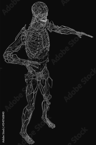 A 3D wireframe skeleton with outstretched arms stands against a black background, rendered in a detailed and realistic style. The human skeleton features intricate bone structure