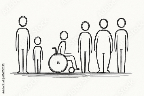 Sketch of diverse individuals including a child, a person in a wheelchair, and various body types representing inclusion
