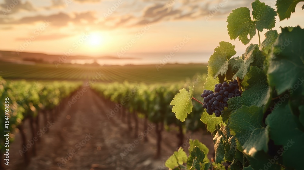 Fototapeta premium A stunning view of a vineyard bathed in golden sunlight during sunset, showcasing rows of grapevines and reflecting the beauty of nature's harvest.