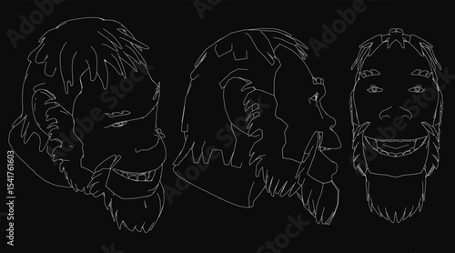 Three Neanderthal men with distinct facial expressions stand in a black and white sketch, showcasing raw emotions and primitive features. The dark background enhances their rugged, ancient.